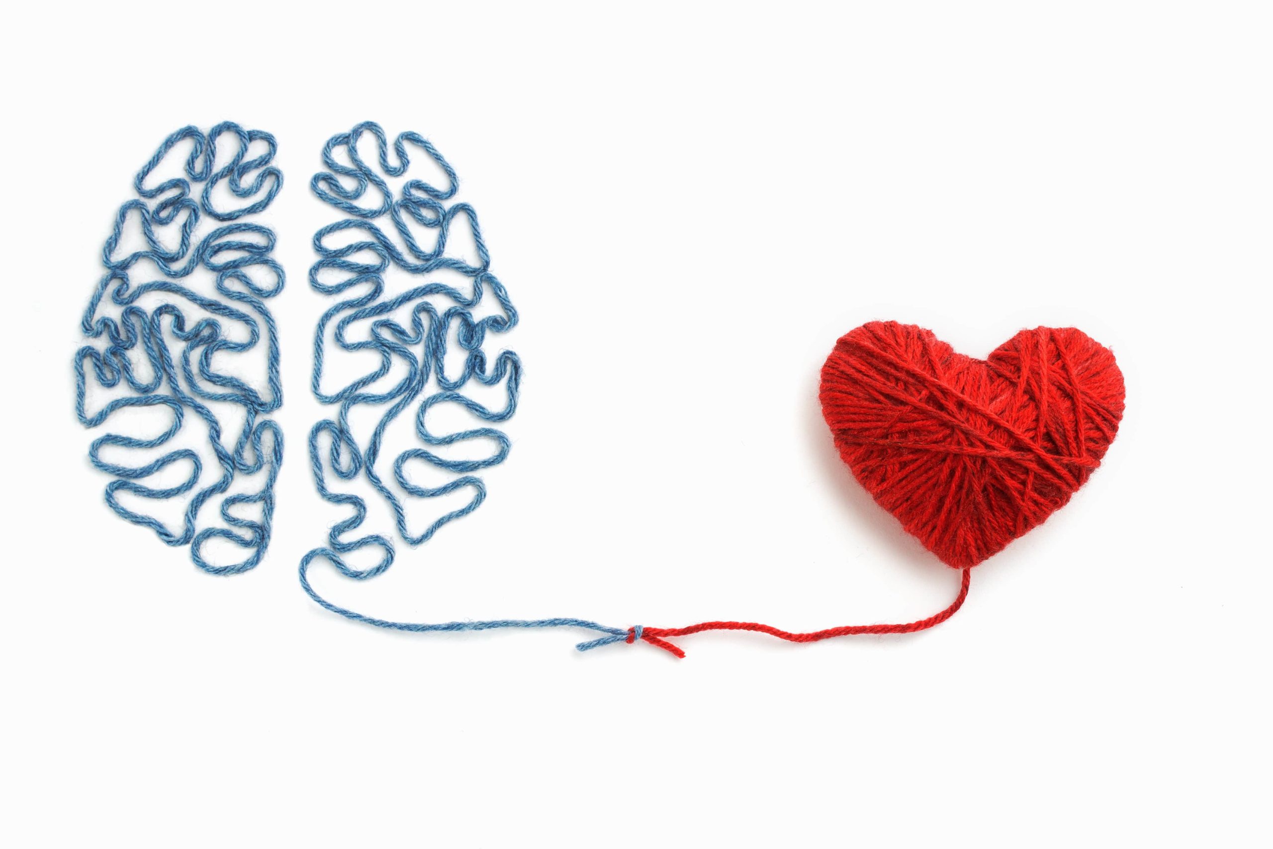 Blue yarn brain connected to a red yarn heart on a white background, representing emotional connection.