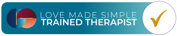 Teal banner featuring the logo for Love Made Simple Trained Therapist with a gold checkmark in a white circle on the right.