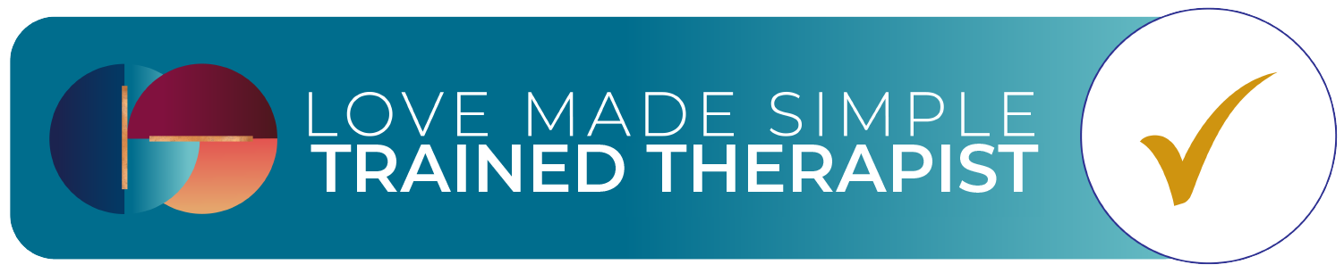 Teal banner featuring the logo for Love Made Simple Trained Therapist with a gold checkmark in a white circle on the right.