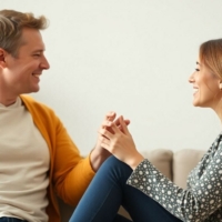 A happy couple holding hands and smiling at each other.