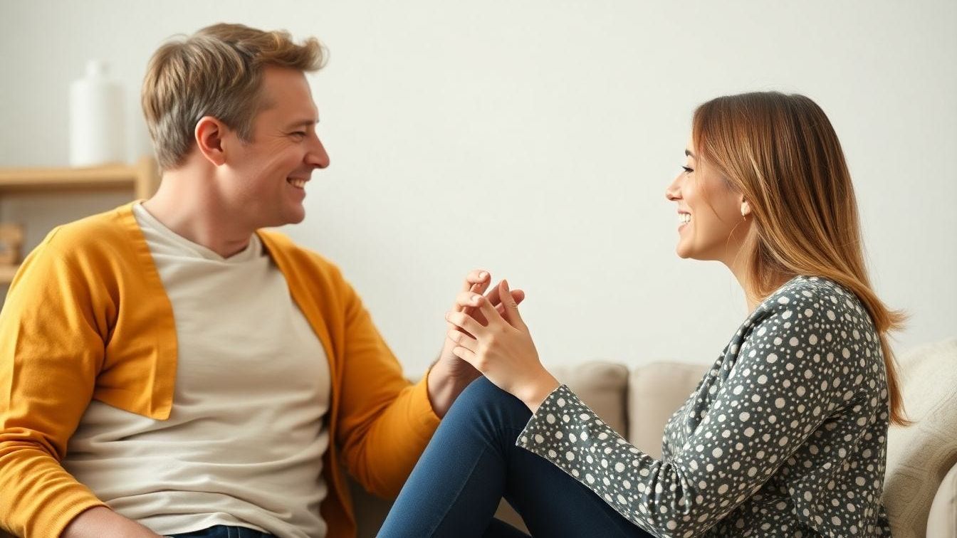 Smiling couple sitting together indoors, holding hands with gentle eye contact while talking